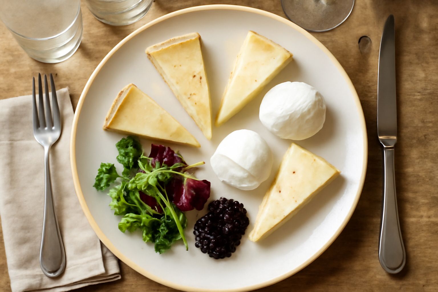 Tre formaggi diversi disposti su un tagliere di legno: squacquerone cremoso bianco, ricotta salata giallo dorato, formaggio di fossa scuro e fratturato; accompagnati da miele, marmellata di mostarda e