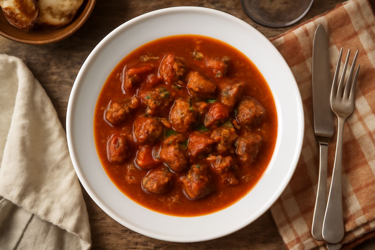 Gulasch in pentola di rame con carne di manzo tagliata a cubetti, paprica rossa visibile sulla carne, cipolle e patate, servito in piatto fondo bianco con pane di segale accanto