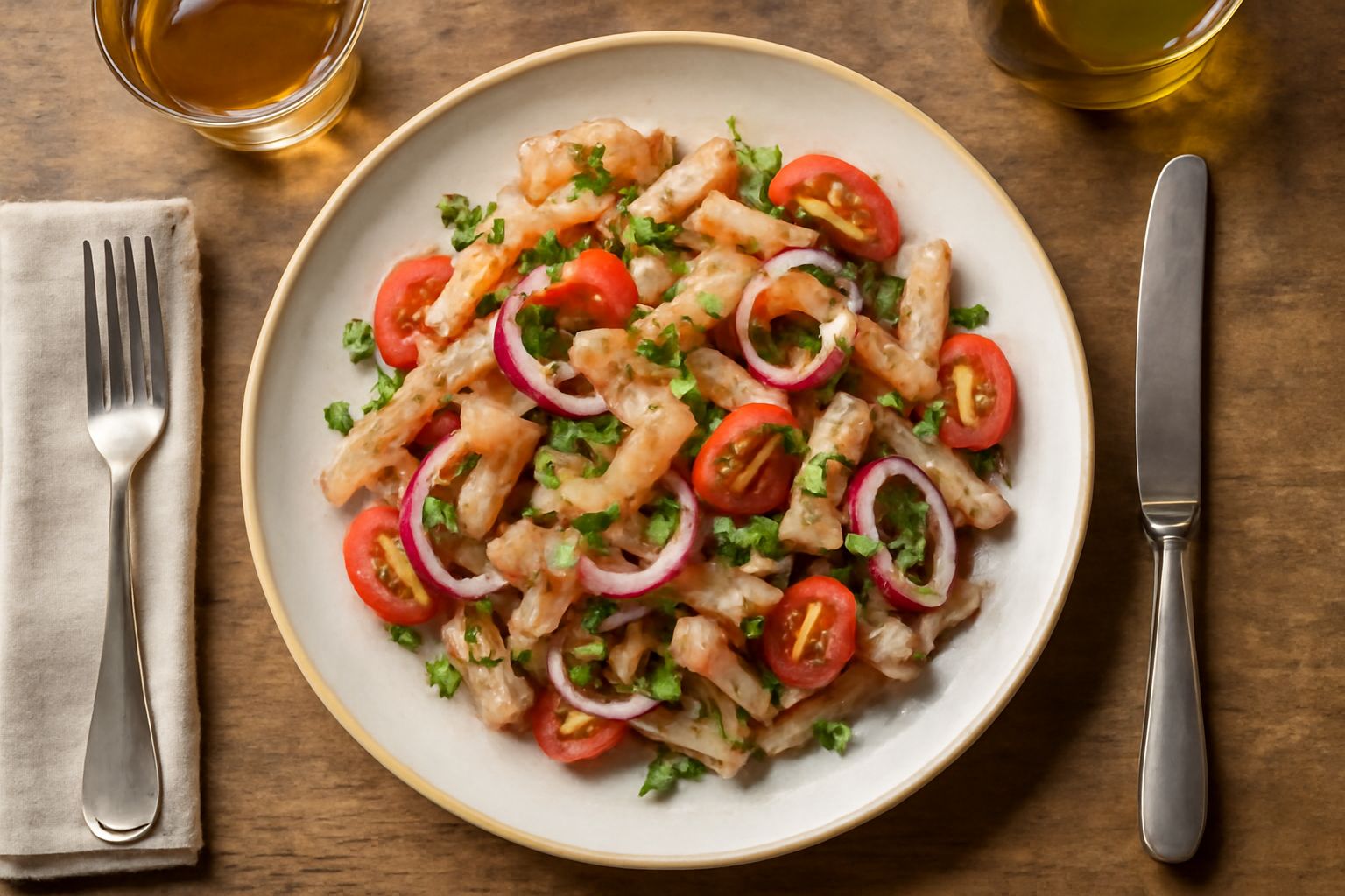 Insalata di nervetti servita in piatto bianco, nervetti bianchi e traslucidi tagliati a striscioline sottili, conditi con olio brillante, pomodori rossi affettati e prezzemolo verde intenso, cipolla b