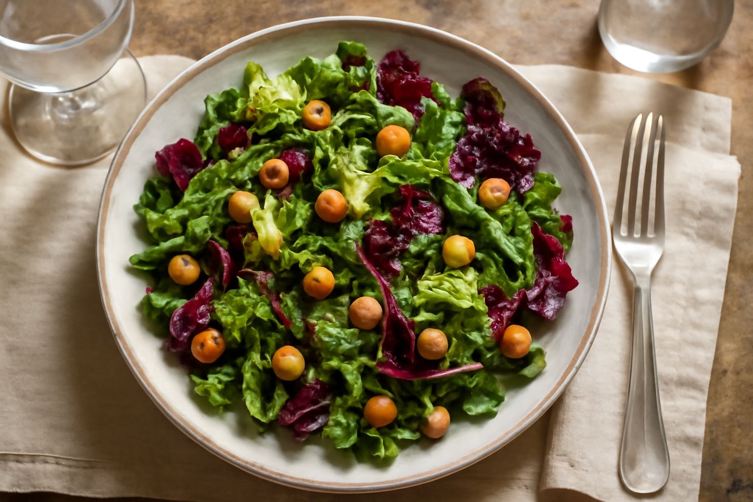 Insalata mista in piatto bianco con foglie di lattuga verde chiaro, rucola scura, pomodori rossi, nocciole tostate color marrone dorato sparse in superficie, olio d'oliva che lucida le verdure