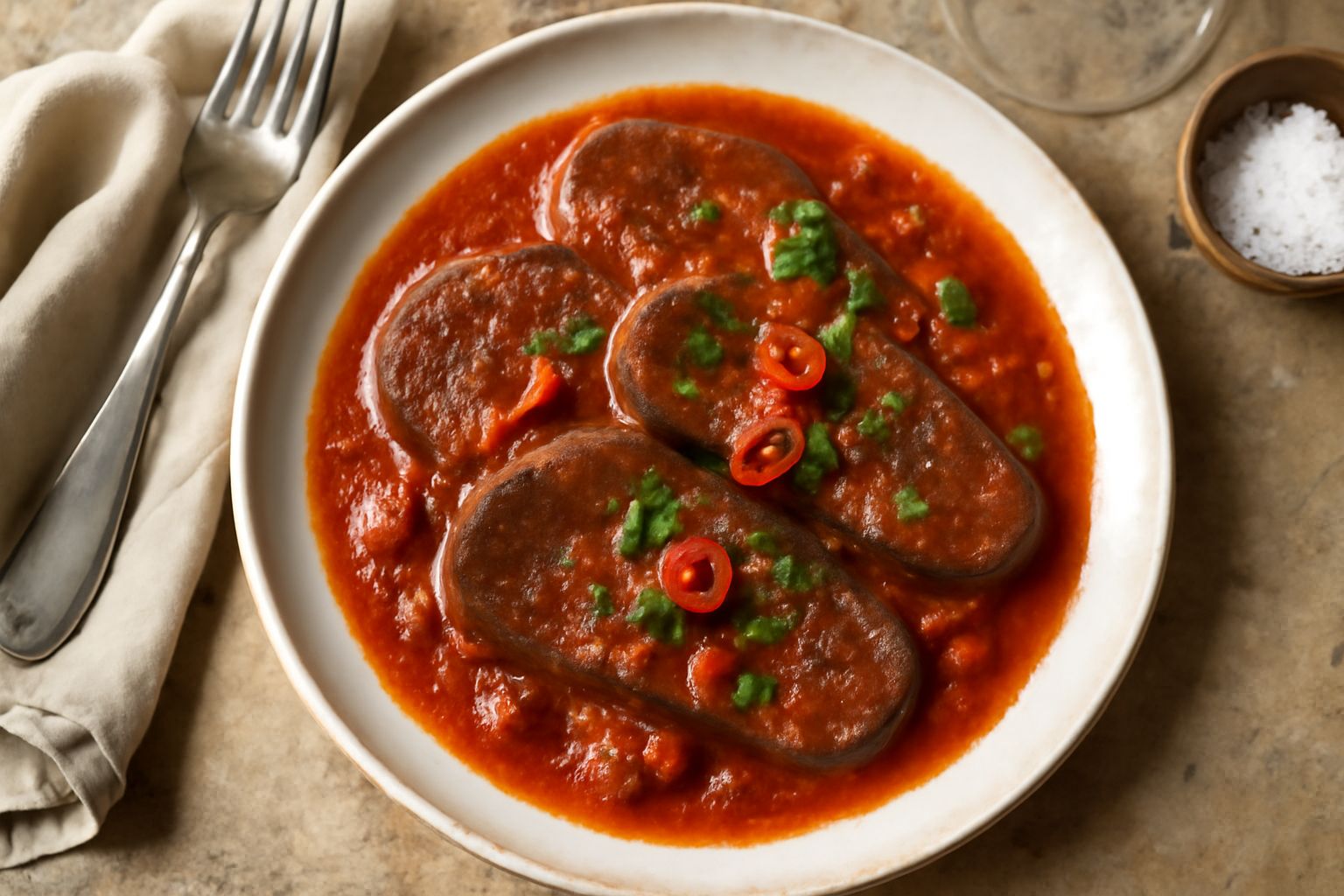 Fette di lingua di vitello rosa e tenera coperte da salsa rossa piccante con peperoncino, servite in un piatto bianco con prezzemolo fresco e contorno di verdure sfuocate