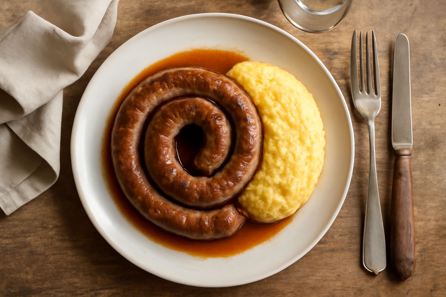 Luganega cremonese dorata e arrotolata in padella di ghisa scura, circondata da gocce di sugo trasparente, buccia croccante, su fondo di legno rustico con erbe aromatiche sparse
