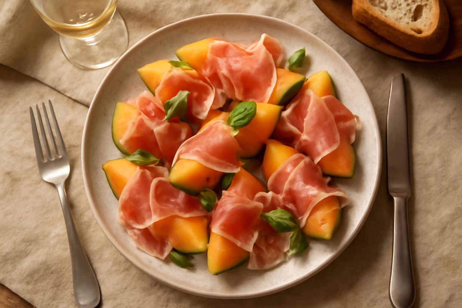 Spicchi di melone giallo dorato disposti nel piatto con strisce di prosciutto crudo rosa pallido, pieghe leggere, su fondo bianco, accompagnato da un bicchiere di acqua fresca