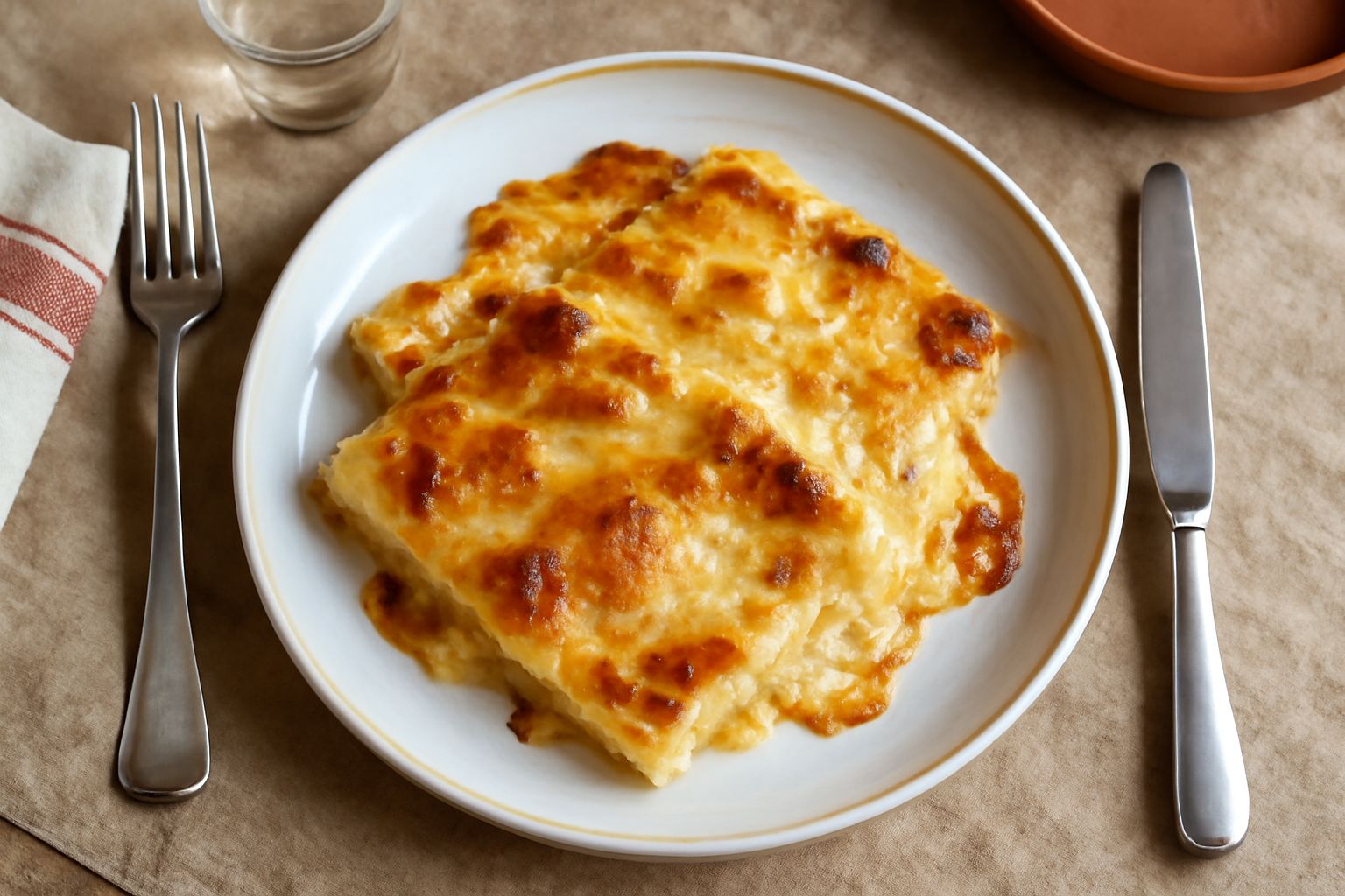 Montasio grattugiato a mucchi fini su un piatto bianco, con una forma intera di formaggio color paglierino sullo sfondo e un coltello da formaggio in acciaio
