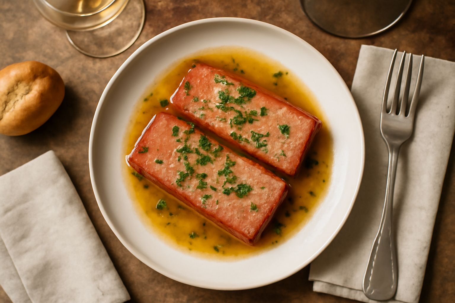Mortadella di Forlì affettata su tavolo di legno, fette rotonde color rosa pallido con piccoli cubetti di lardo bianco visibili, accanto a pane tostato e un bicchiere di vino bianco