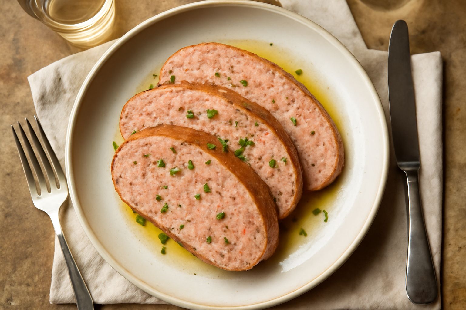 Mortadella di Pavia affettata su tagliere di legno, con sezione rosa pallido con venature di lardo bianco, sottofondo neutro e fette irregolari sovrapposte