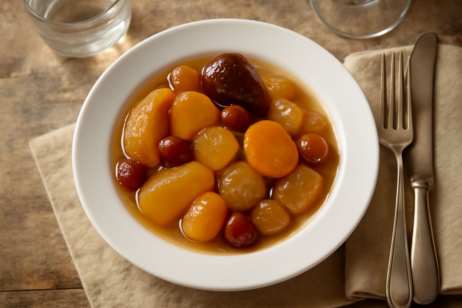 Mostarda di frutta mantovana in un vasetto di vetro trasparente: frutta mista in pezzi negli agrodolci sciroppo dorato, con mela, pera, albicocca e uva visibile, su uno sfondo di marmo grigio con cucc
