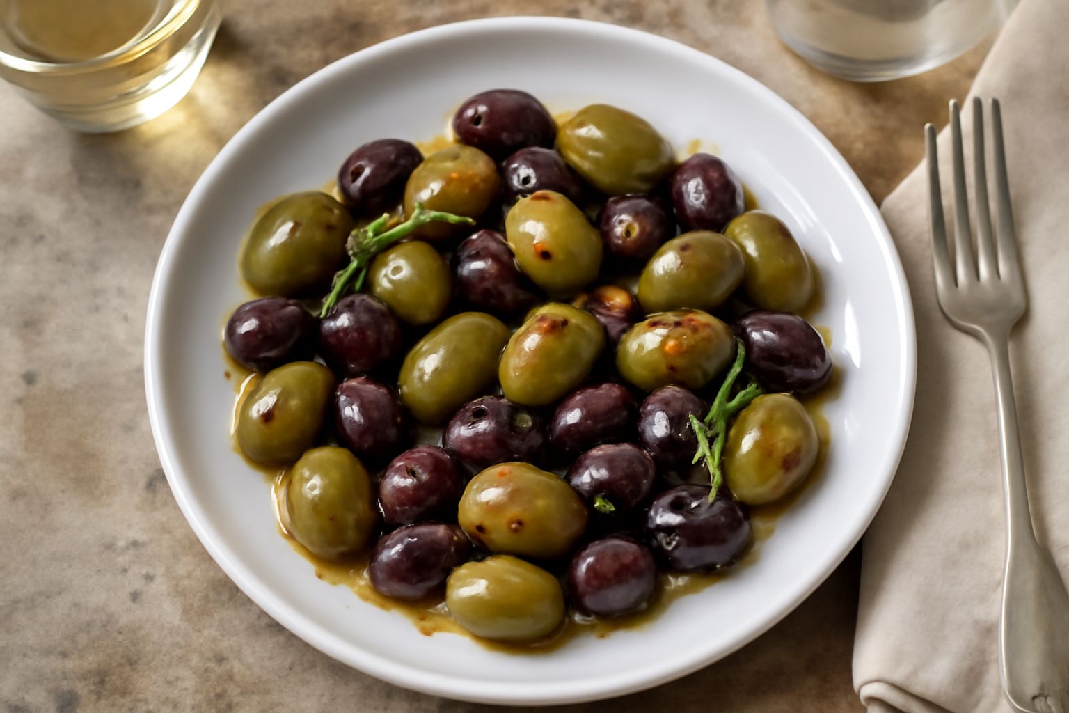 Ciotola di ceramica bianca colma di olive nere e verdi marinate, lucide d'olio, con spicchi d'aglio visibili, rametti di rosmarino e peperoncini rossi sparse tra i frutti, fondo sfocato di legno scuro
