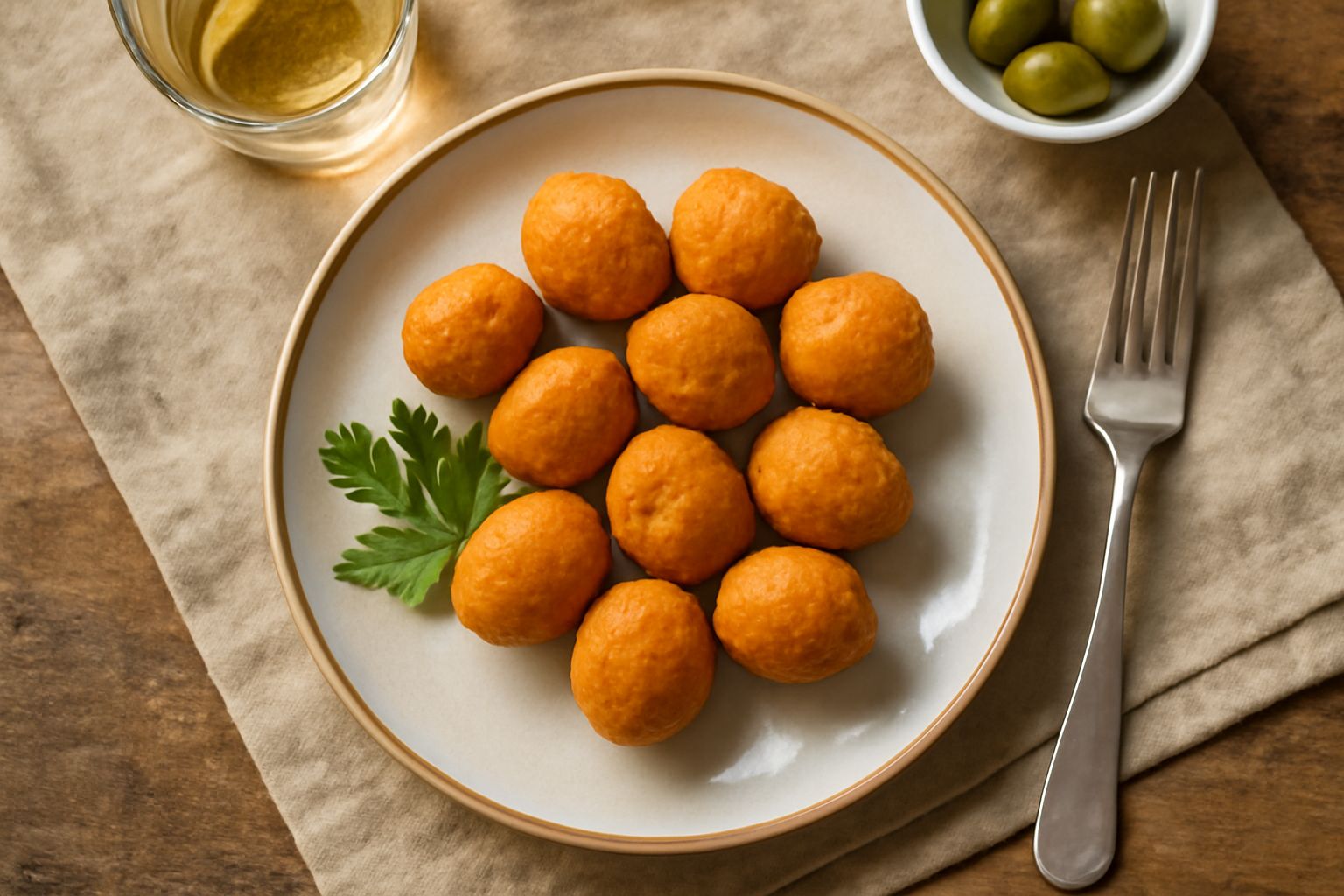 Olive ripiene all'ascolana fritte di colore dorato disperse su un piatto bianco, ricoperte da una leggera patina di olio, con vista ravvicinata che mostra la panatura croccante e l'interno visibile do