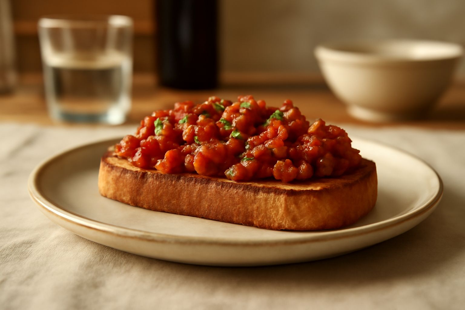 Pane tostato con ragù di salame: croccantezza che esalta la ricchezza del brodo speziato