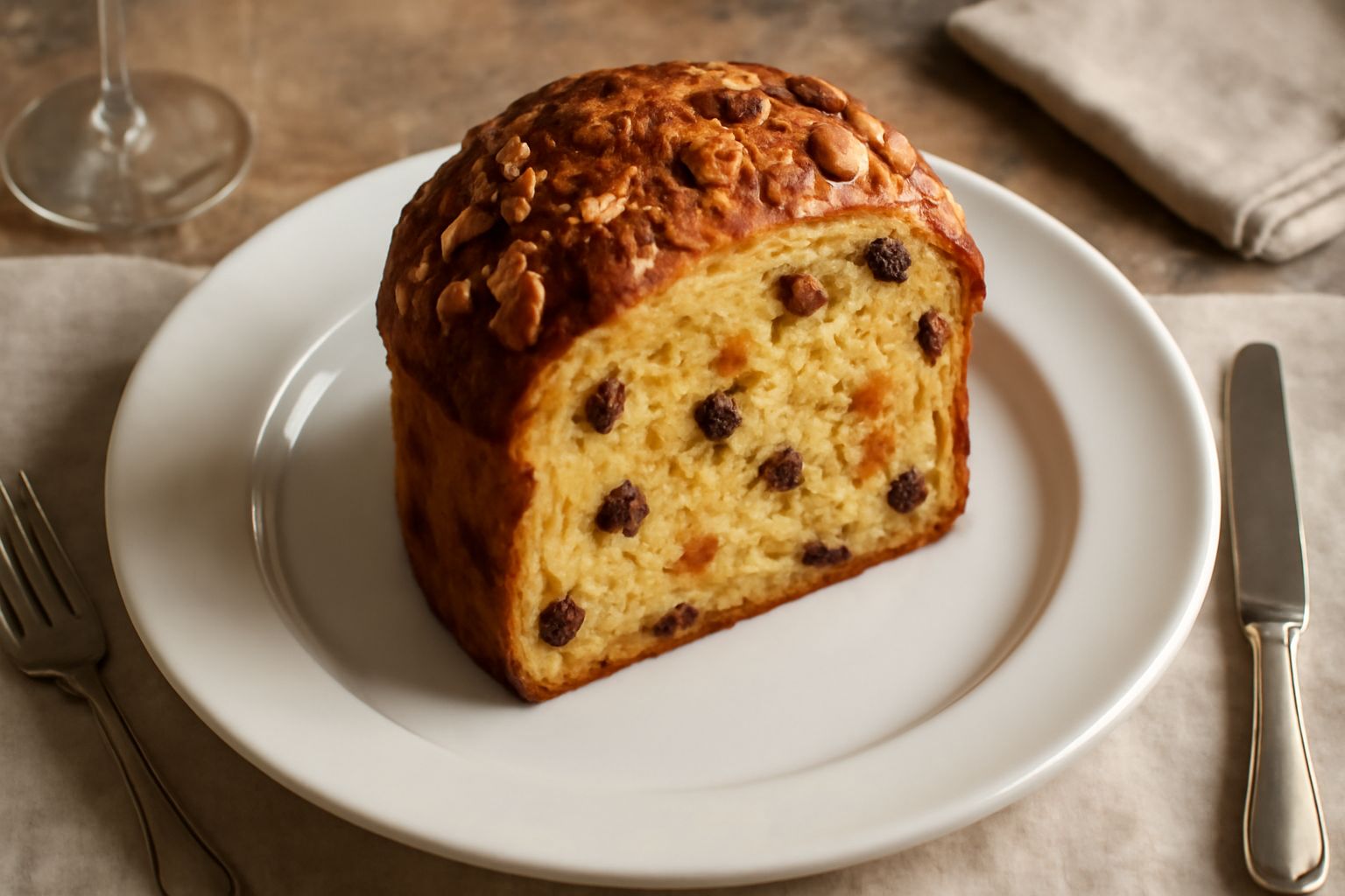 Panettone appena sfornato, dorato e gonfio in teglia alta, con uva sultanina visibile in superficie e aroma di vaniglia e cedro