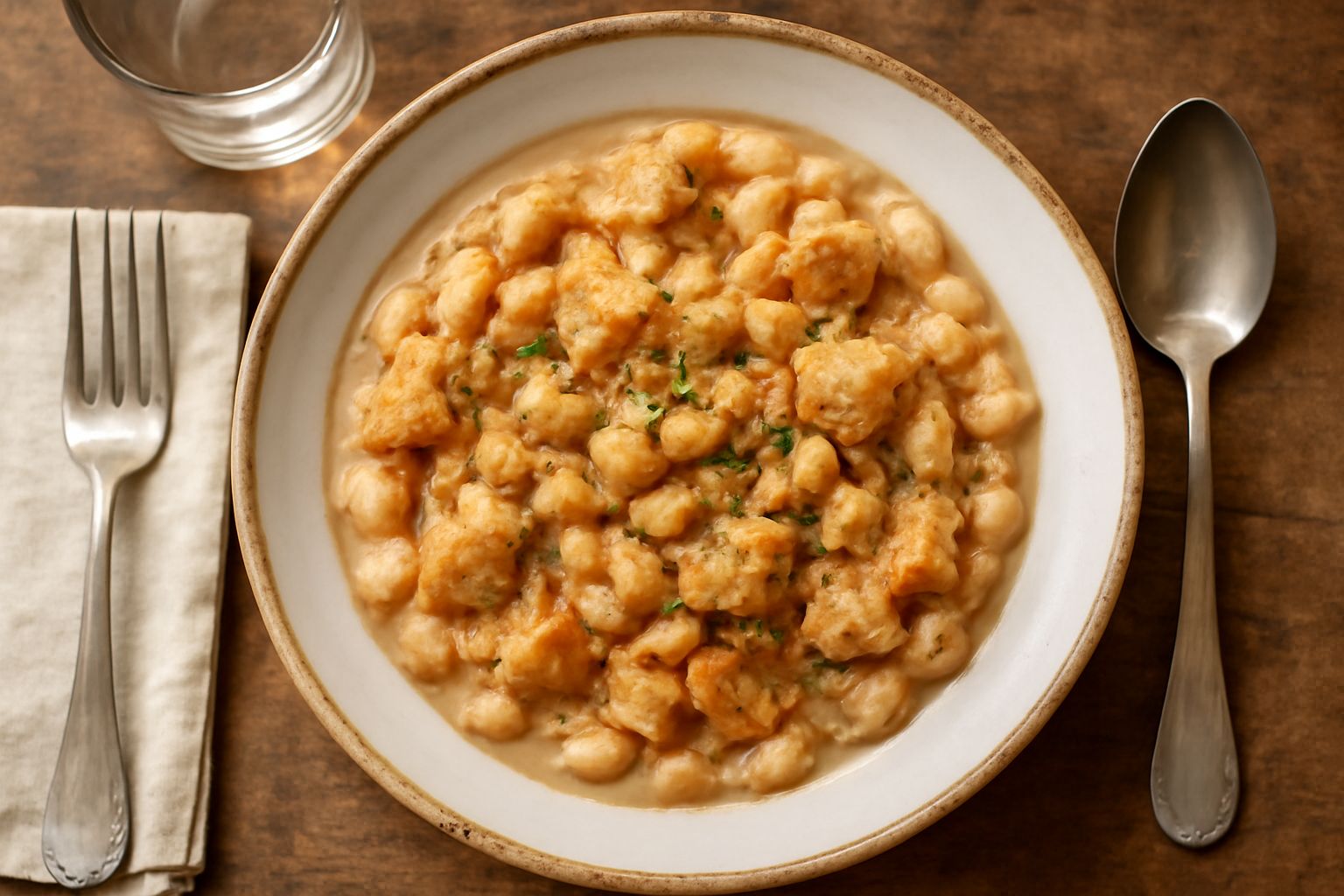 Ciotola di ceramica bianca piena di pasta e fagioli cremosi in brodo marrone, con fagioli borlotti visibili, filo di olio d'oliva in superficie, cucchiaio di legno appoggiato sul bordo, sfondo neutro