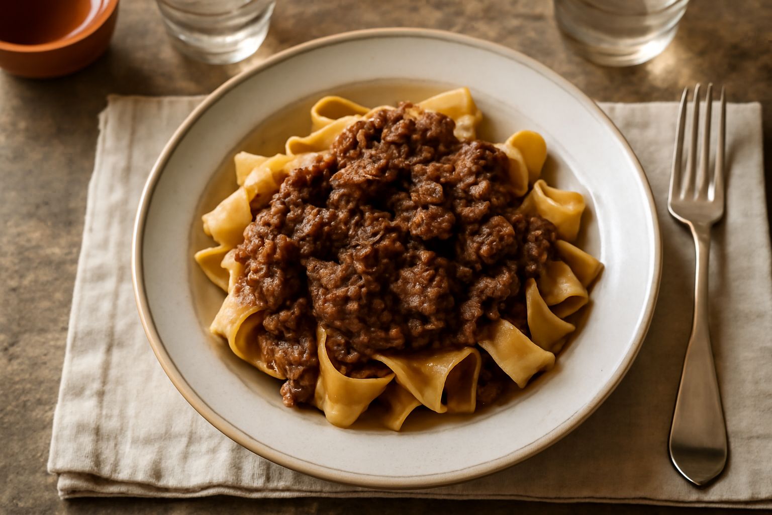 Pappardelle larghe condite con ragù scuro di selvaggina, grattugia di parmigiano e foglia di timo fresco su piatto bianco