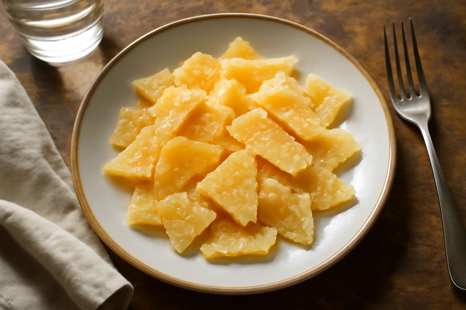 Parmigiano Reggiano tagliato a scaglie sottili su un tavolo di legno naturale, con un coltello in acciaio e fondo bianco sfocato