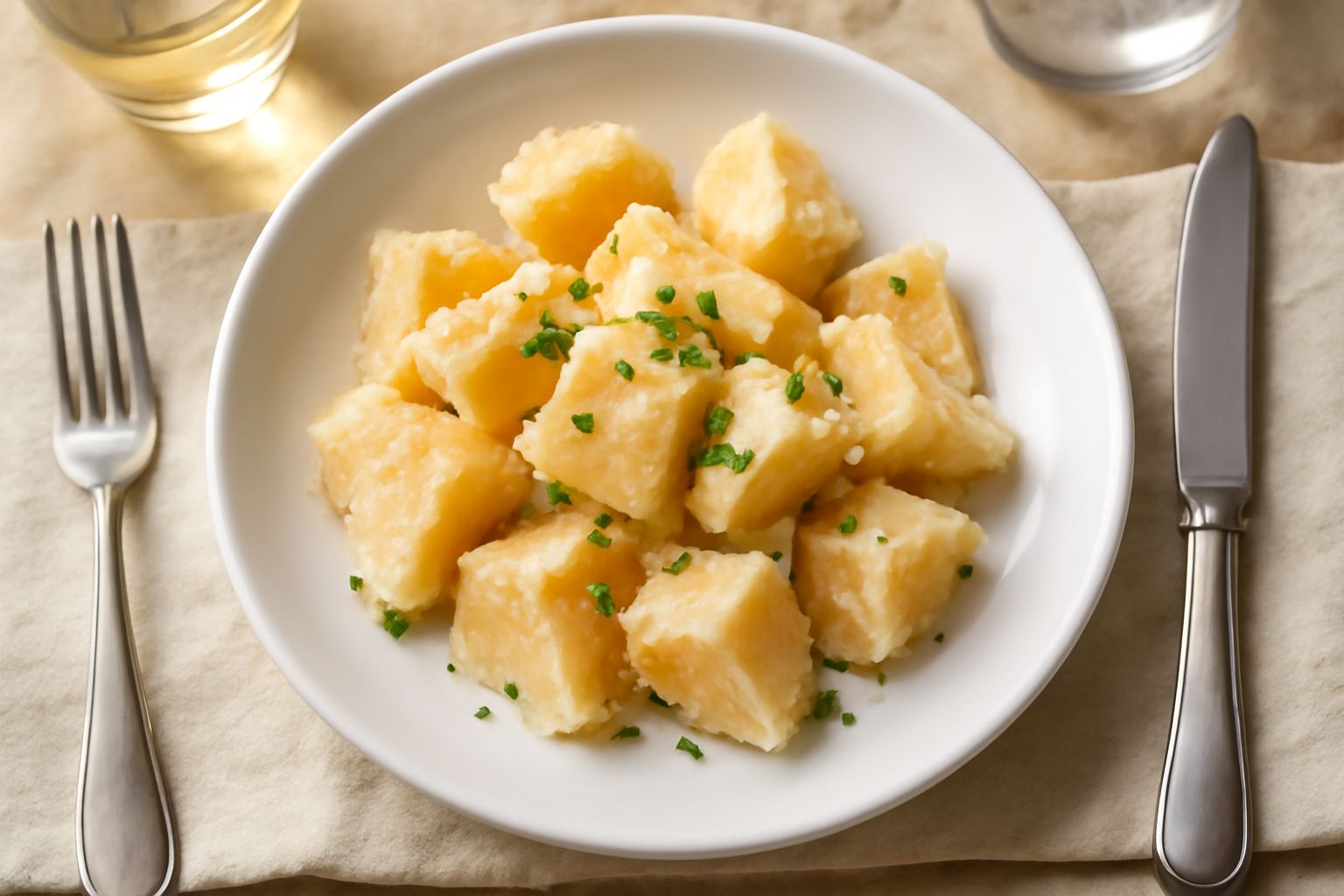 Scaglie di Parmigiano Reggiano fresco color giallo paglierino su un piatto bianco, con cristalli visibili e una forma irregolare naturale