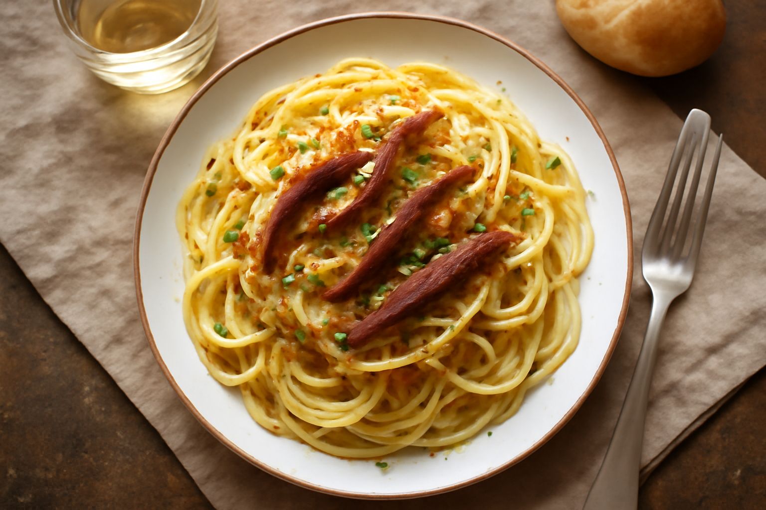 Un piatto di pasta bavette condita con acciughe intere scure, olio d'oliva lucido e prezzemolo verde, accompagnata da peperoncino sbriciolato, servita in un piatto bianco