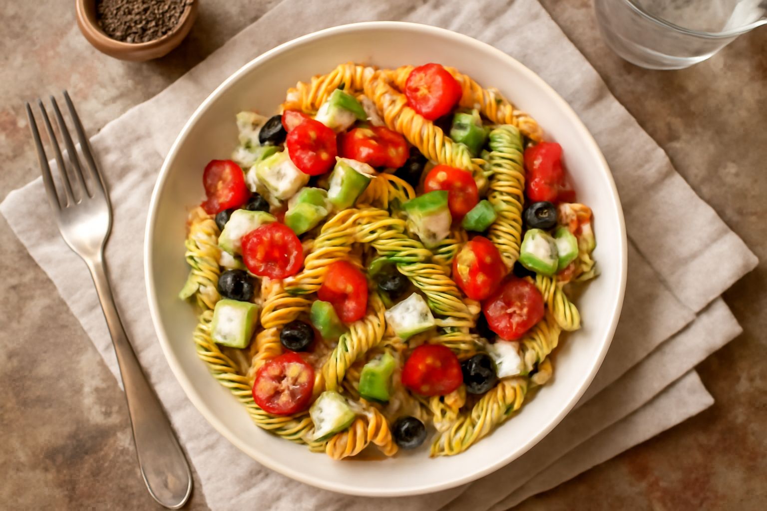 Piatto di pasta fredda con penne rigate, pomodorini rossi spezzati, zucchine tagliate a bastone, olive nere, basilico verde su sfondo di ceramica bianca, olezzanti di olio extravergine