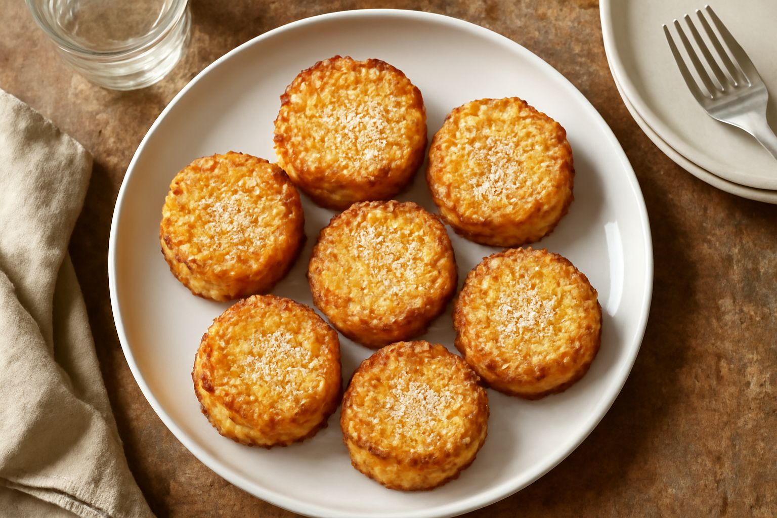 Pasticcini di riso dorati e croccanti disposti su un piatto bianco, con cristalli di zucchero visibili sulla superficie