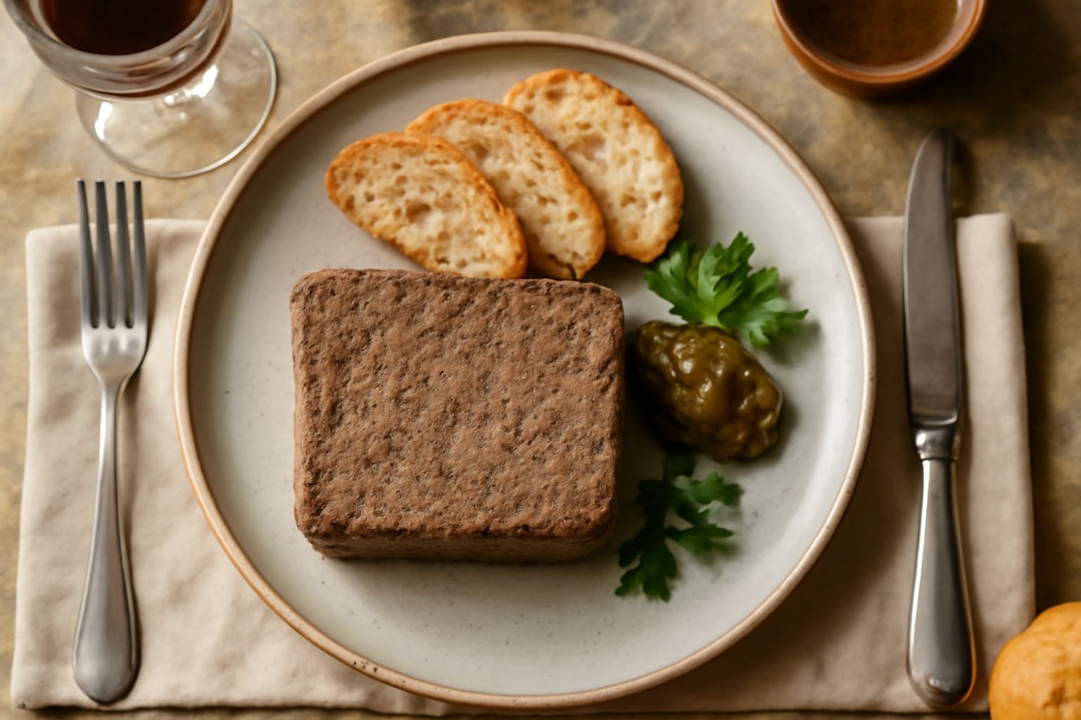 Paté di caccia marrone scuro cremoso nel piatto, guarnito con rosmarino fresco, accompagnato da fette di pane tostato croccante e un bicchiere di vino rosso