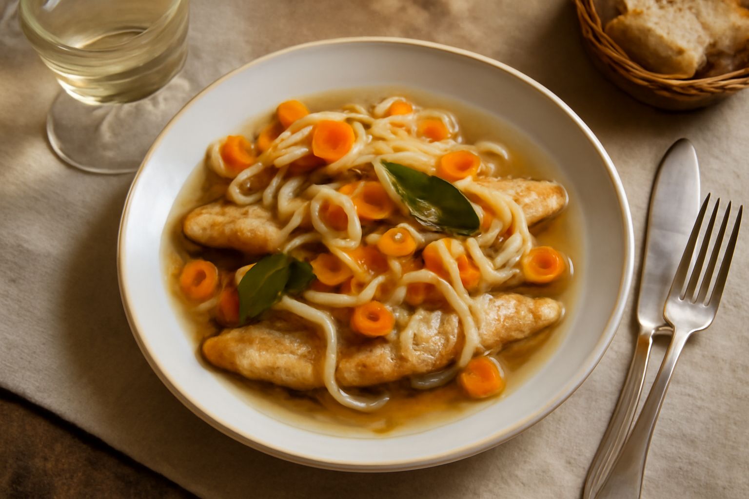 Filetti di pesce persico dorati disposti in un piatto bianco con salsa agrodolce ambrata, cipolla trasparente e foglia di alloro, accompagnati da pane tostato