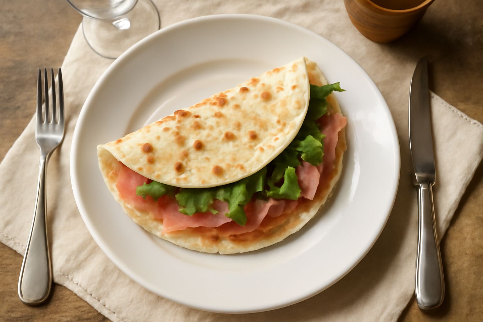 Una piadina rotonda appena sfornata, dorata e leggermente gonfia, appoggiata su un piatto bianco con piccole macchie scure di cottura, ai bordi qualche goccia d'olio