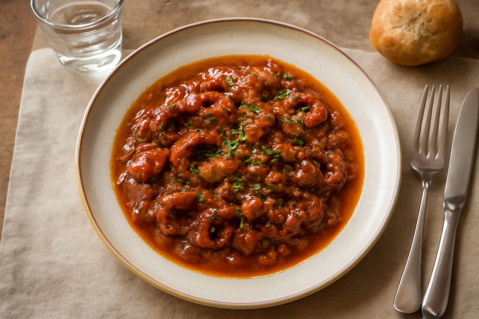 Polpo alla genovese in piatto bianco: tentacoli rosa pallido tagliati a anelli, pomodori rossi in salsa, olive nere sparse, prezzemolo verde e olio d'oliva lucido, servito su sfondo di lino naturale