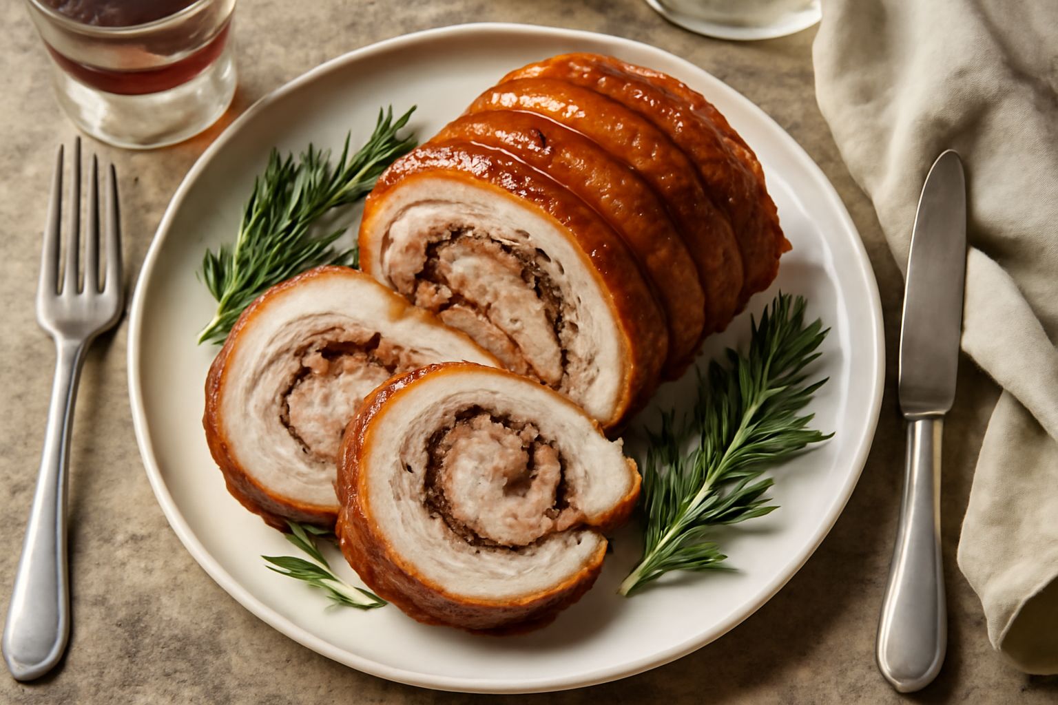 Porchetta intera appena sfornata, dorata e croccante, affettata su un tagliere di legno con rosmarino e aglio fresco accanto
