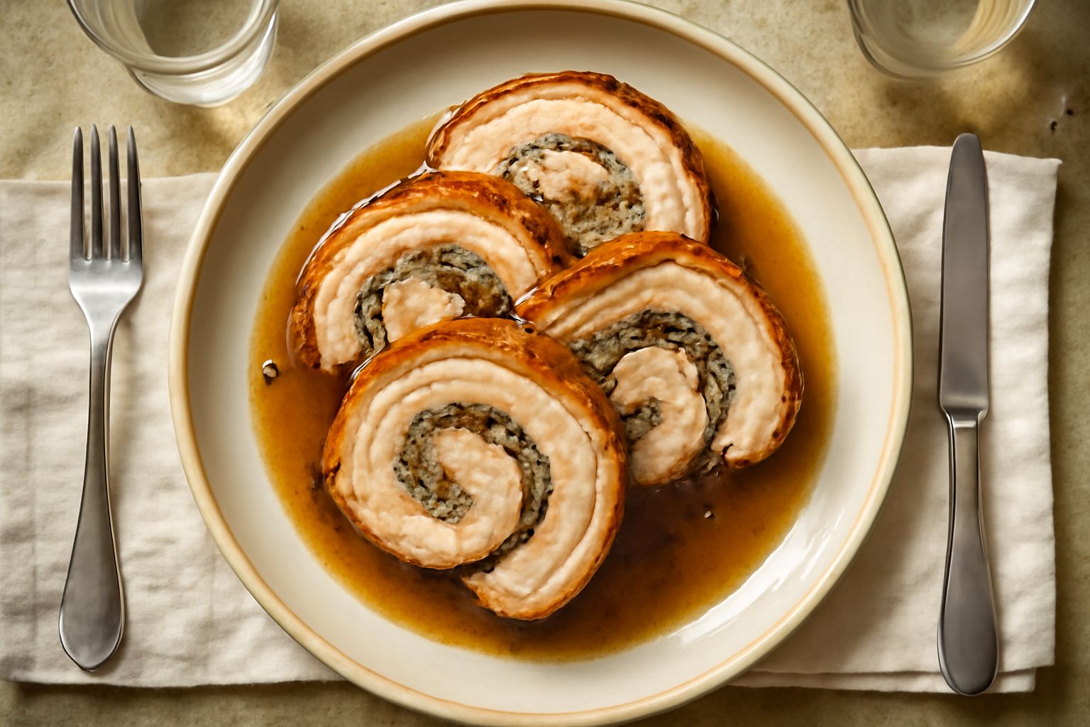 Porchetta mantovana intera appena sfornata, dorata e croccante in superficie, affettata e servita in un piatto bianco circondato da verdure saltate, con la carne color rosa antico visibile nella sezio