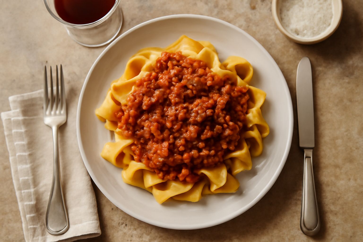 Ragù di Parma in pentola di acciaio, color marrone scuro e denso, con cucchiaio di legno, aglio e cipolla sul piano di lavoro