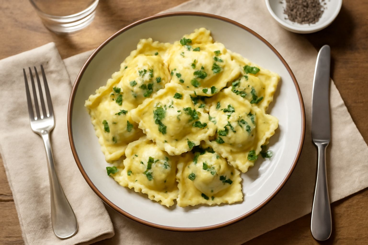 Sei frittelle di ricotta dorate e soffici, impilate su un piatto bianco, cosparse di zucchero a velo e accompagnate da un bicchiere di miele su un tavolo di legno naturale