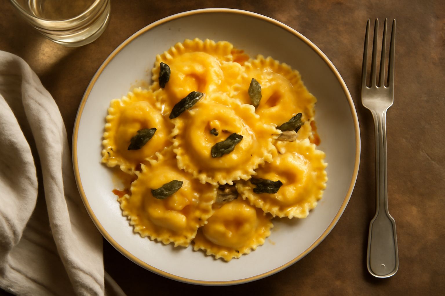 Ravioli quadrati di pasta fresca riempiti di zucca su un piatto bianco, conditi con burro fuso e scaglie di parmigiano reggiano grattugiato