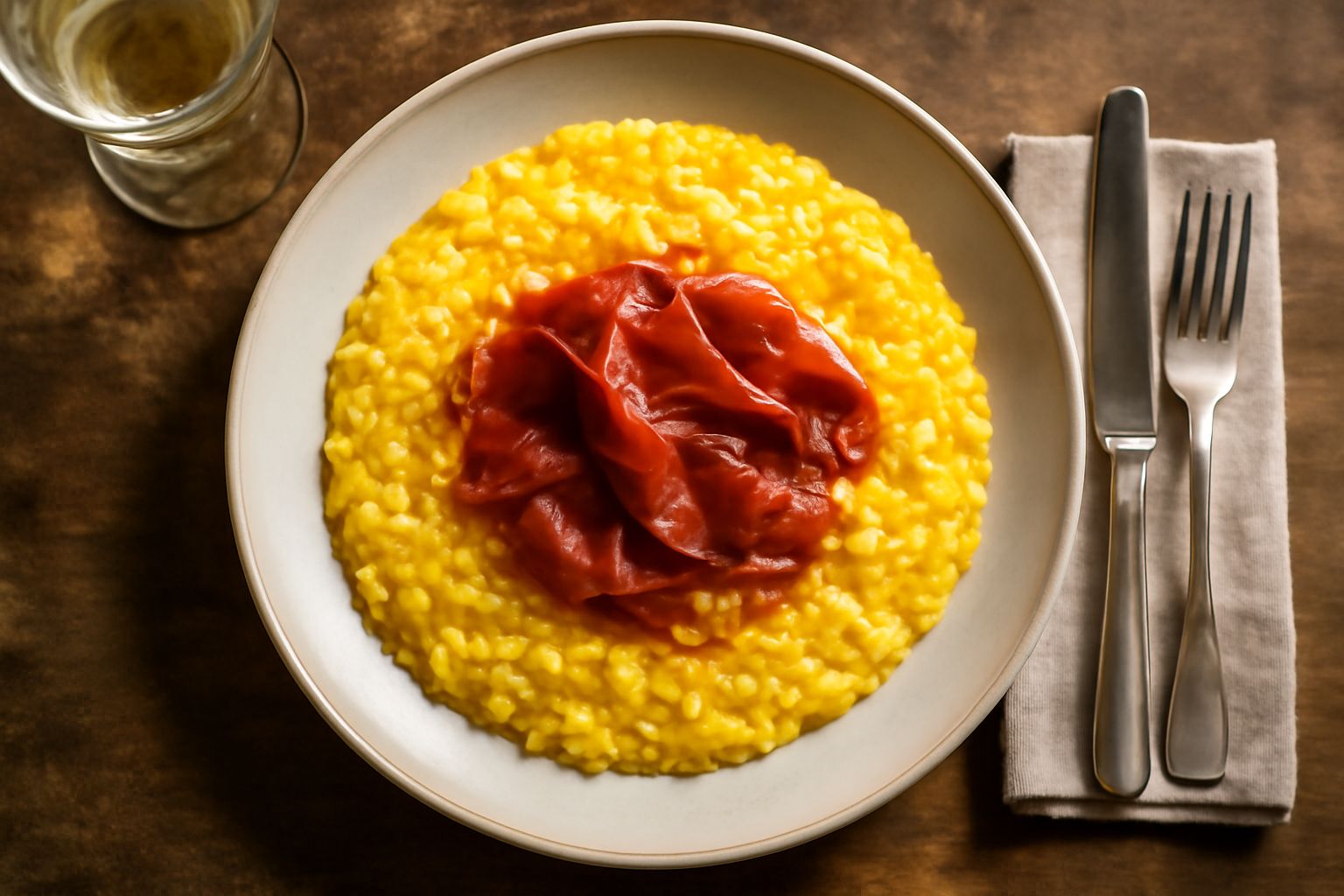 Un piatto fondo in ceramica bianca contiene risotto cremoso di colore beige-oro con particelle di carne macinata marrone scuro distribuite uniformemente. Sopra il riso una ricciola di burro giallo pal