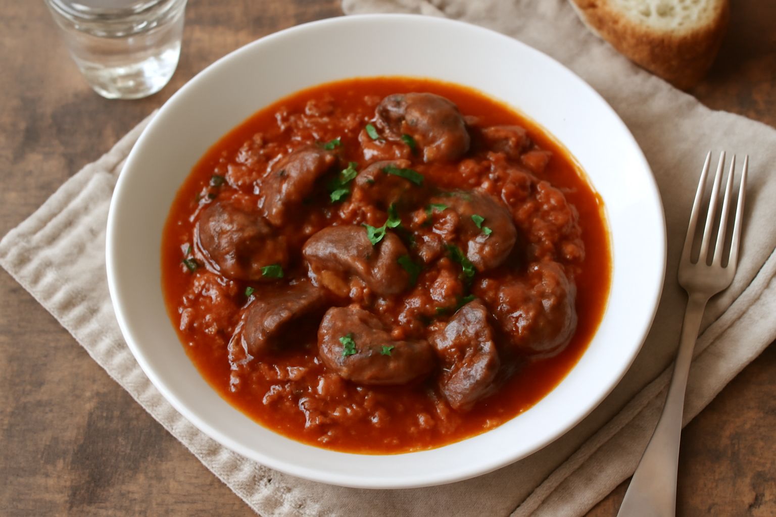 Rognoni in umido in una ciotola di ceramica bianca, immersi in salsa marrone scura con pomodori e vino, guarniti con prezzemolo verde fresco, accanto pane tostato