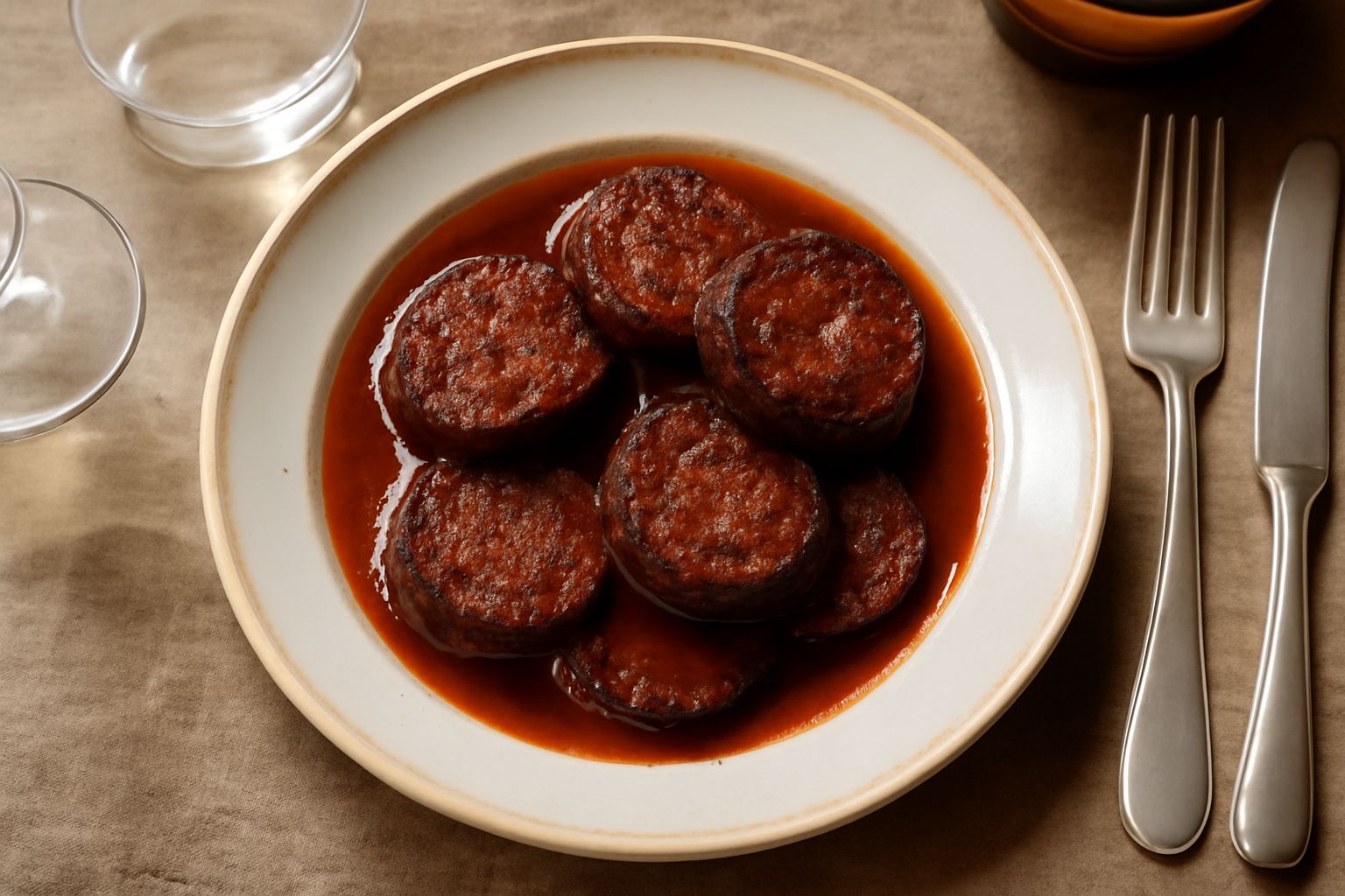 Fette di salam d'la duja marrone scuro con sfumature rosse, poste su un piatto bianco accanto a pane tostato e un vasetto di vetro contenente il salume conservato nel grasso