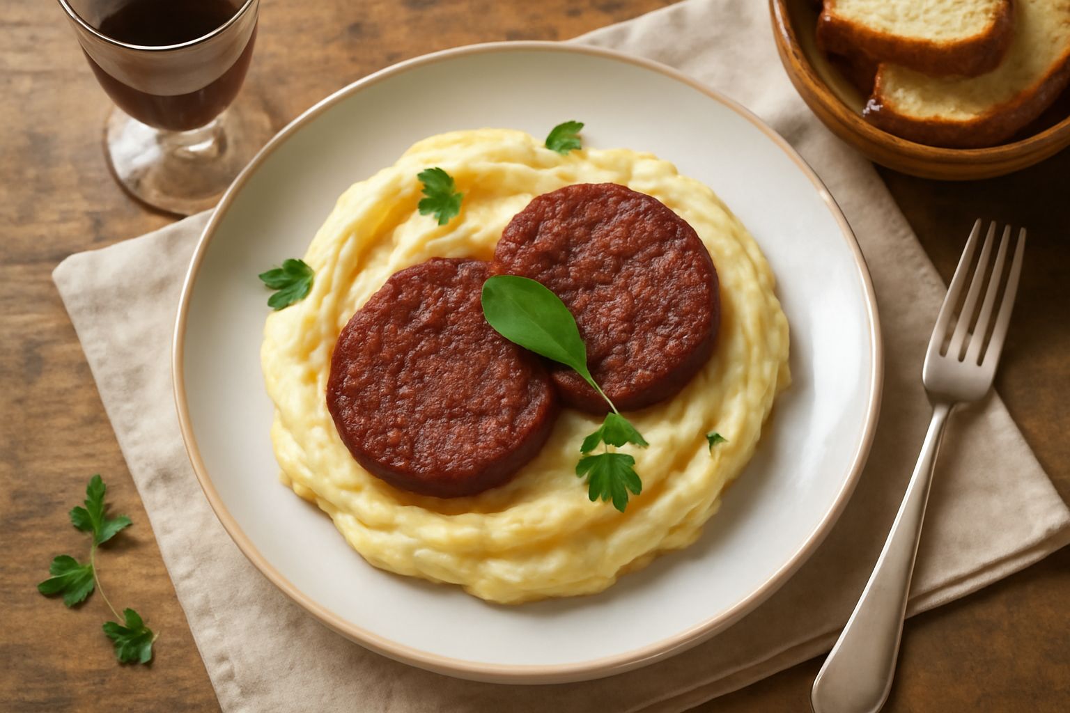 Salame di Como affettato sottile su un piatto bianco, fette rosse e rosa con puntini bianchi di grasso, accanto a pane tostato e foglie di prezzemolo fresco