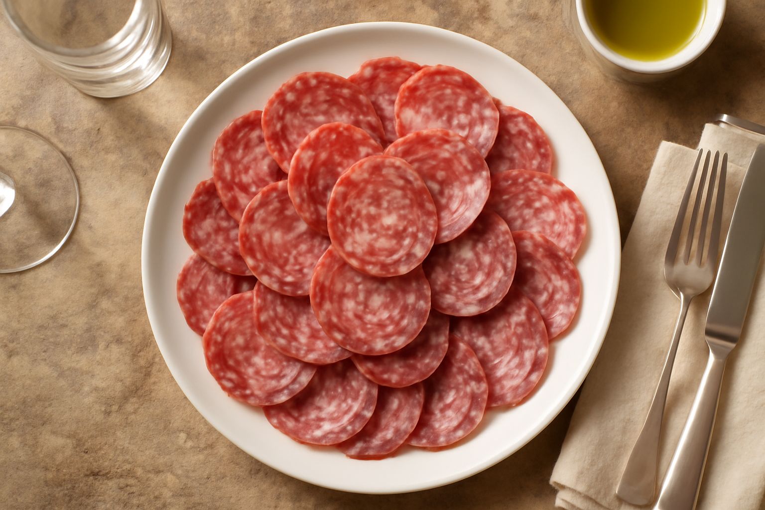 Fette di salame di Milano perfettamente affettate, di colore rosso scuro con grana finissima, disposte su un piatto bianco con decorazione di pepe nero macinato fresco, accompagnate da pane tostato e
