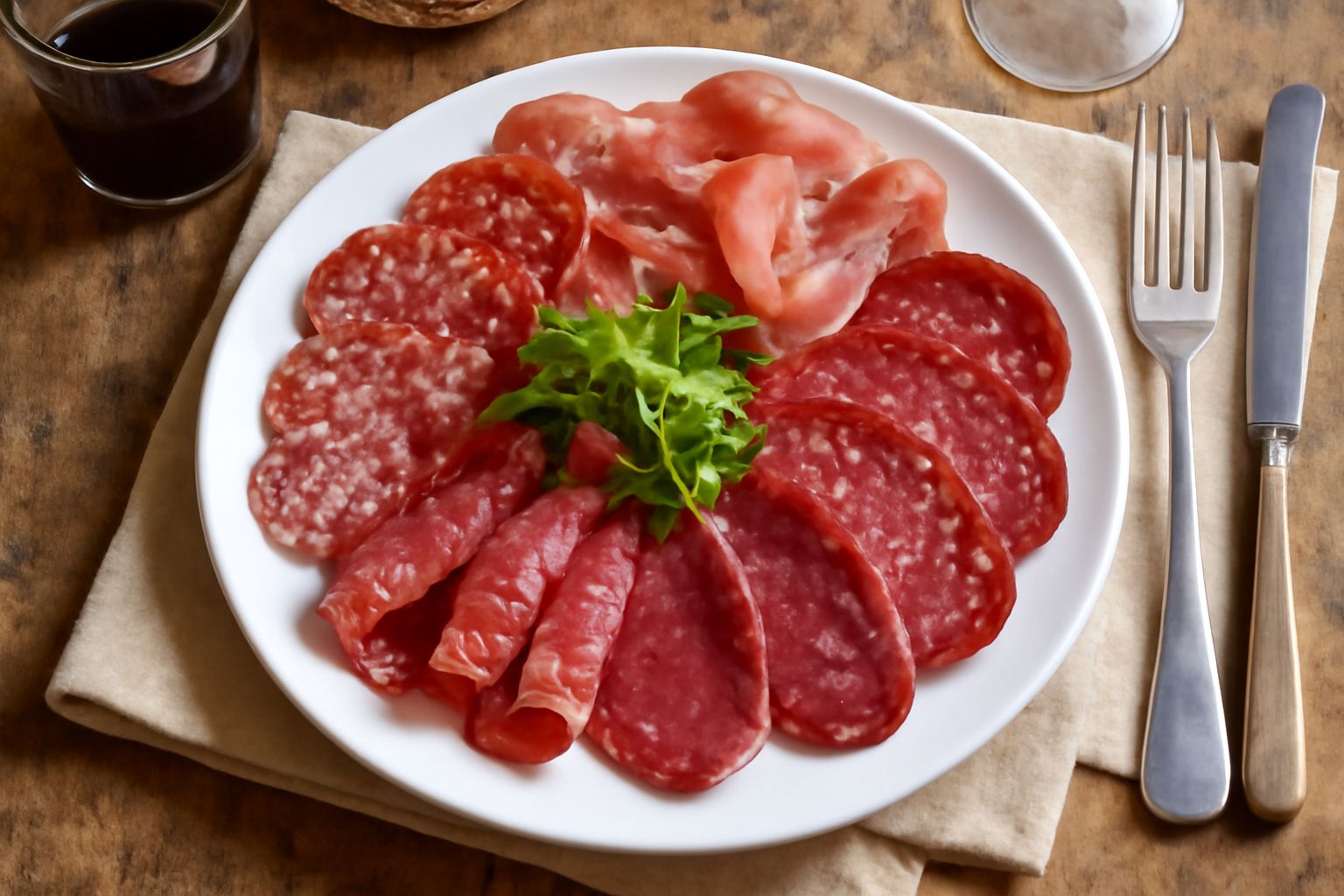 Fettine di mortadella rosa pallido con piccoli cubetti di grasso visibili e speck affettato sottile dal colore rosso scuro, disposti su un tagliere in legno con acini d'uva nera