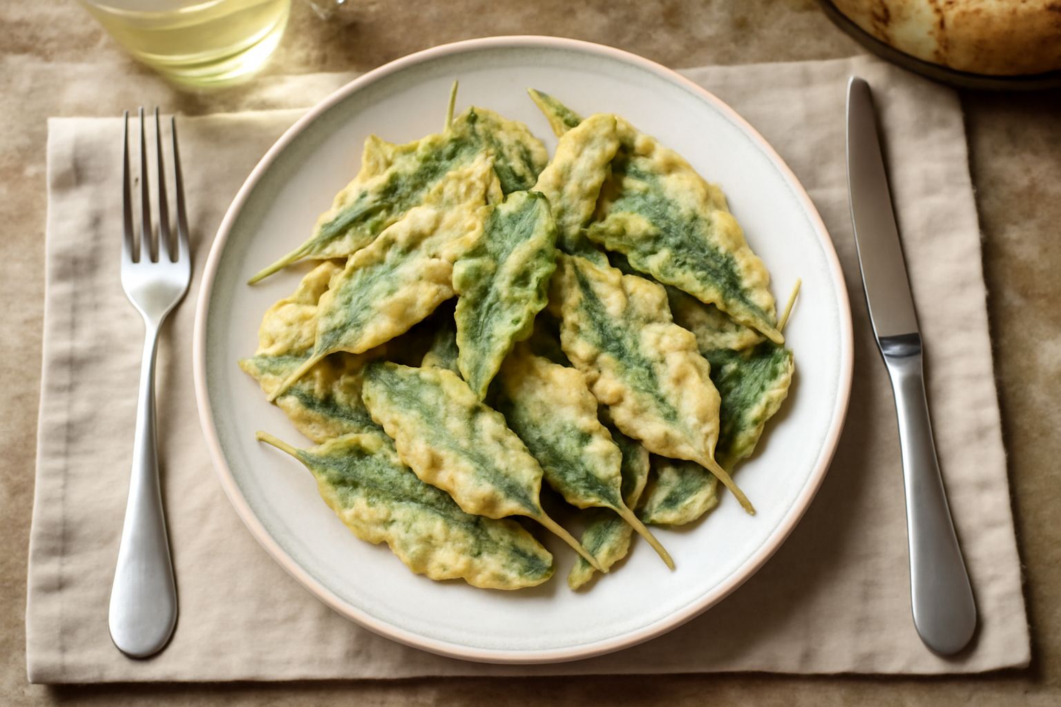 Foglie di salvia fritte dorate e croccanti disposte su carta da forno bianca, con un filo di olio che goccia, accanto a un piattino con sale marino grosso