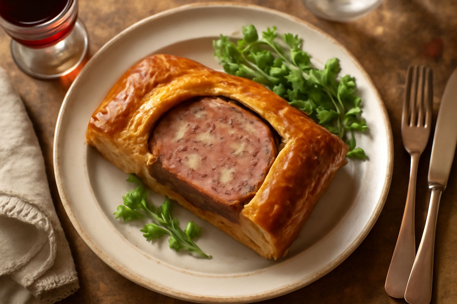 Fetta di soppressata in crosta appena tagliata: esterno dorato e croccante, interno rosa intenso della soppressata con grasso marmorizzato, taglio netto su piatto bianco