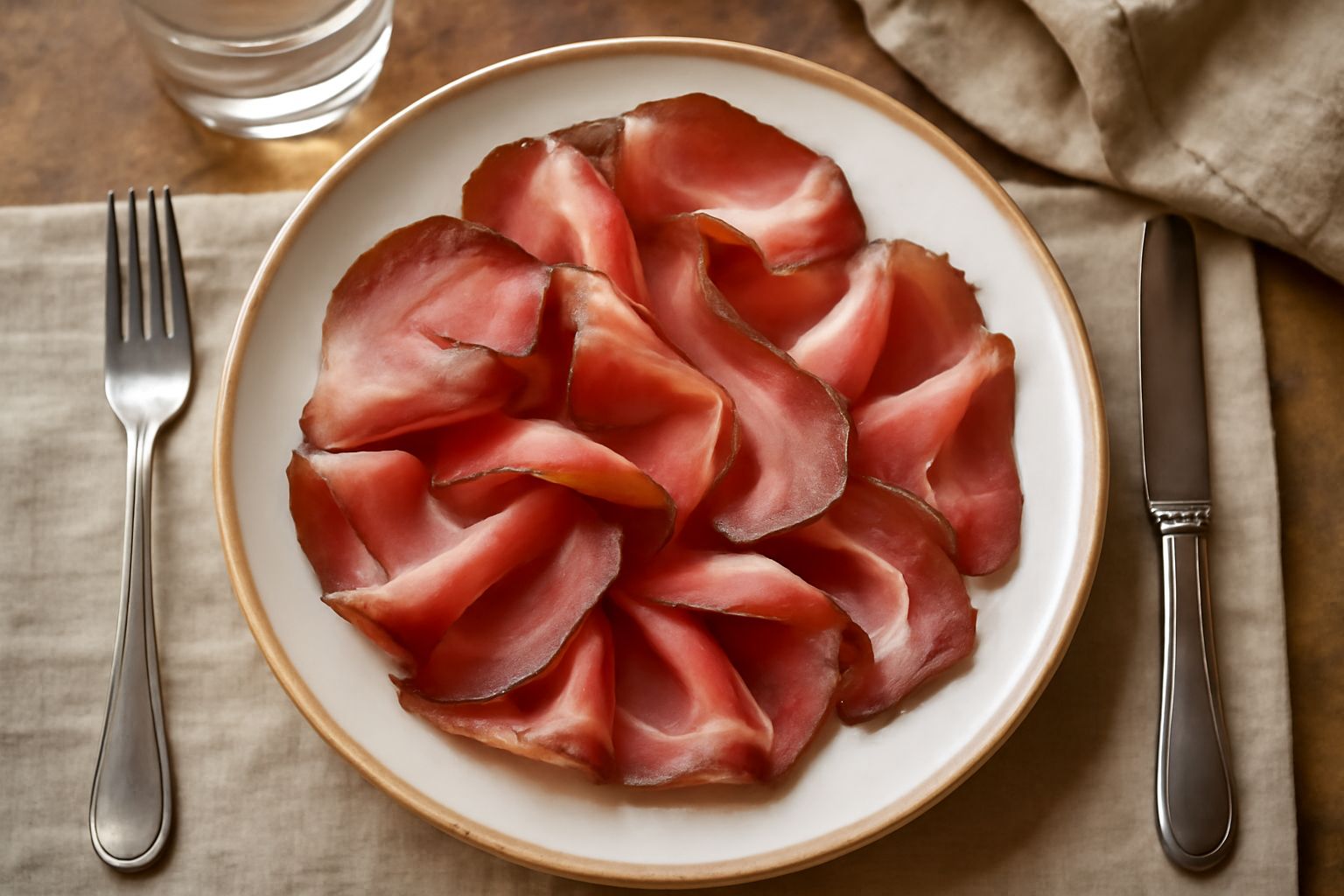 Fette sottili di speck dell'Alto Adige disposte a ventaglio su un piatto bianco, con colorazione rosso scuro e striature di grasso bianco, accompagnate da pane tostato