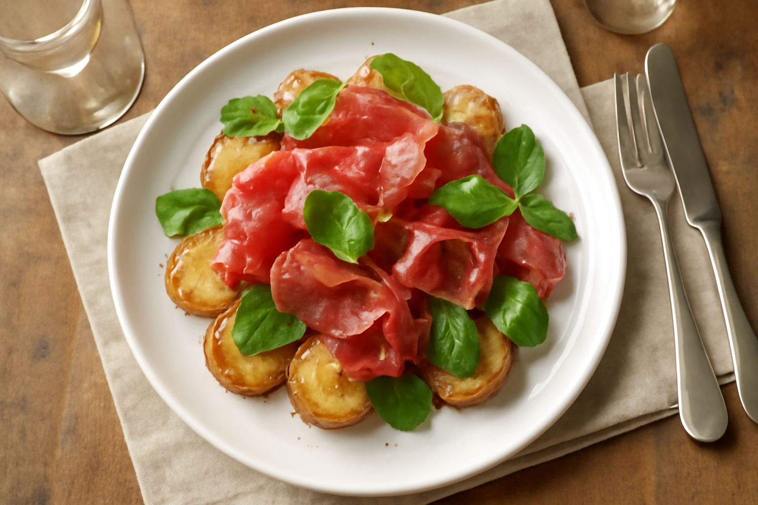 Fette sottili di speck di Parma rosa e dorate, affumicate, disposte su un piatto bianco con pane tostato e burro