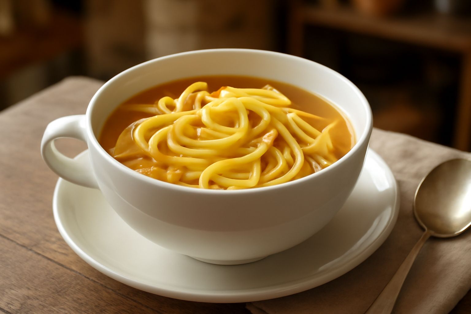 Tazza bianca di porcellana con tagliatelle giallo dorato immerse in brodo trasparente, fiocchetto di parmigiano fresco grattugiato in superficie, cucchiaio di metallo poggiato sul piattino