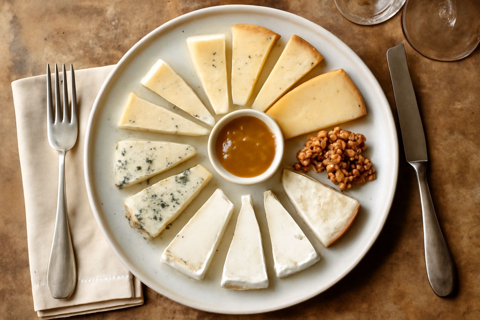 Assortimento di formaggi locali su tavolo di legno: formaggi bianchi freschi, stagionati giallognoli e ricotta cremosa, con etichette artigianali e erbe aromatiche