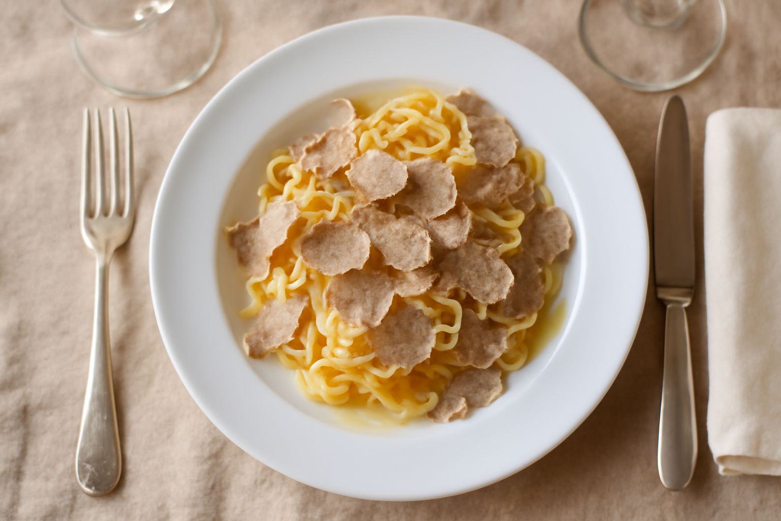 Tagliatelle fresche ricoperte di scaglie sottili di tartufo bianco d'Alba, su piatto bianco fondo, con burro fuso e parmigiano grattugiato, luce calda