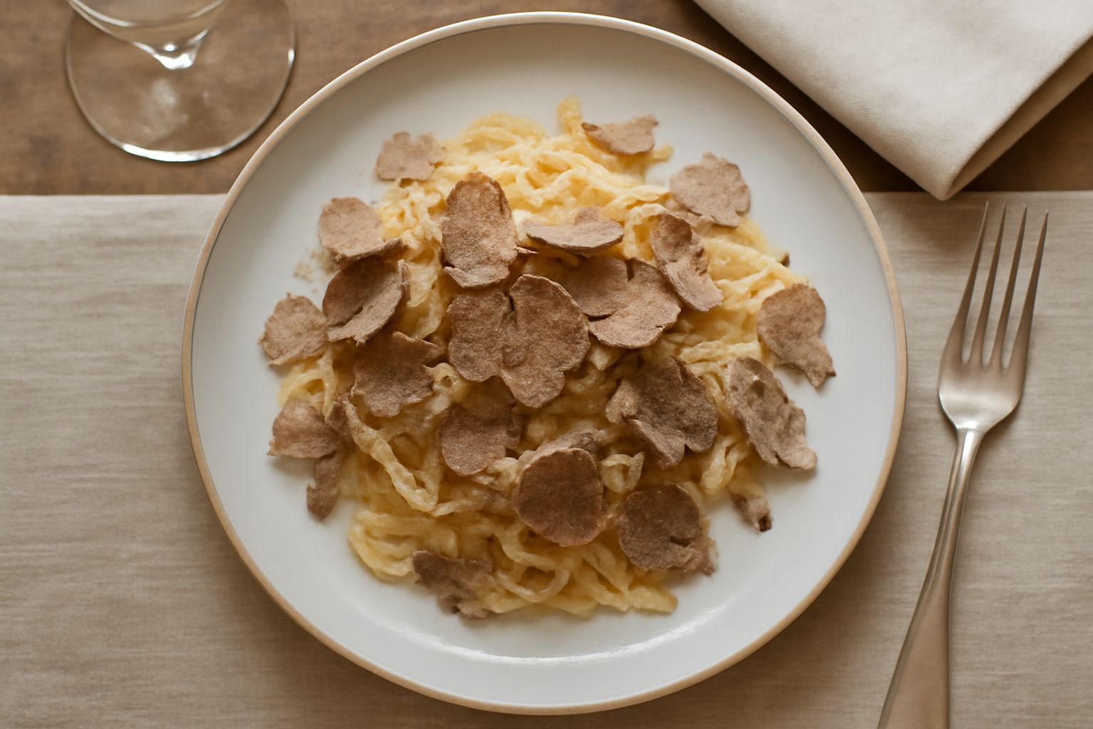 Tartufo bianco intero accanto a una grattugia microplane con scaglie sottili bianche e color crema sparse su un piatto bianco, con sfondo di cucina naturale