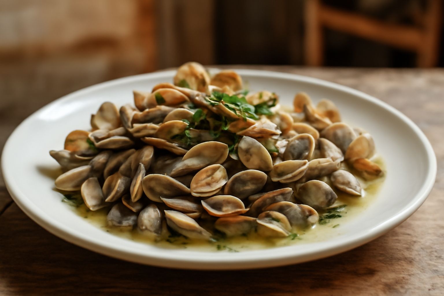 Telline aperte dentro una pentola bianca con brodo di vino bianco, aglio e prezzemolo fresco, vapore caldo che sale, pane tostato ai bordi