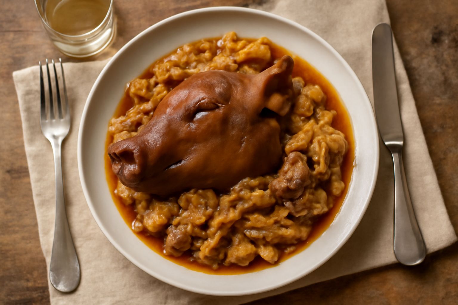 Testa in cassoeula servita in piatto bianco: pezzi di carne tenera marrone scuro, verdure morbide tra cui verza e sedano in umido, fondo di brodo ricco, guarnito con prezzemolo fresco