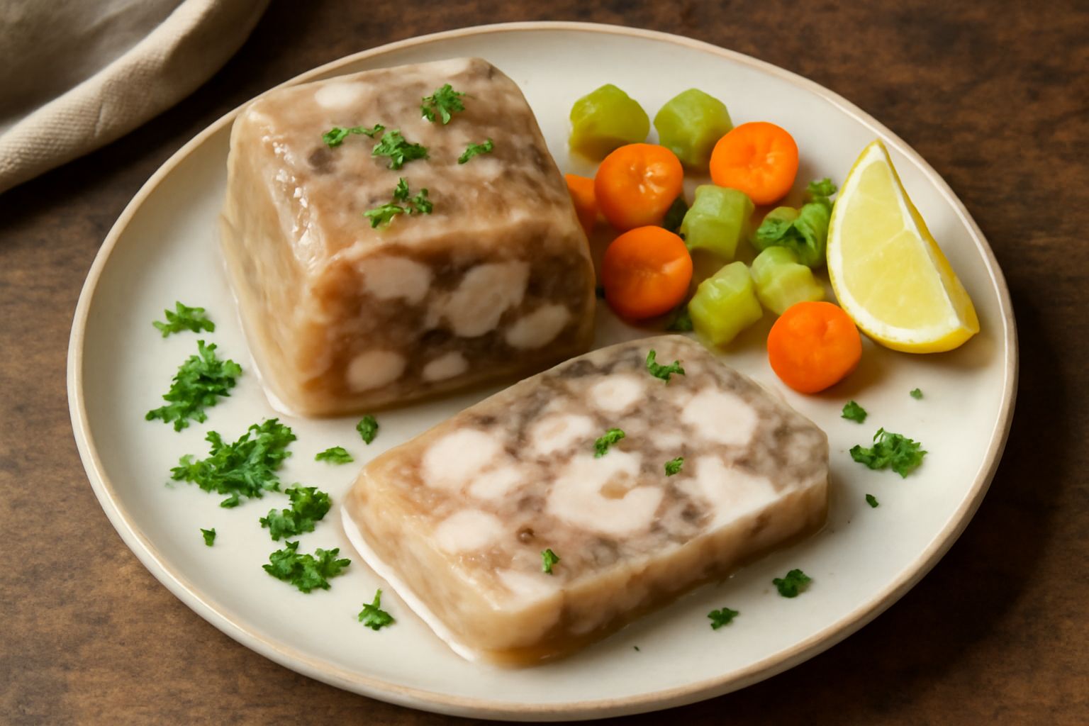 Fetta di testina di vitello in gelatina su piatto bianco, gelatina trasparente con sfumature dorate, pezzi di carne visibili nel gel, guarnizione di prezzemolo fresco, contorno di verdure bollite