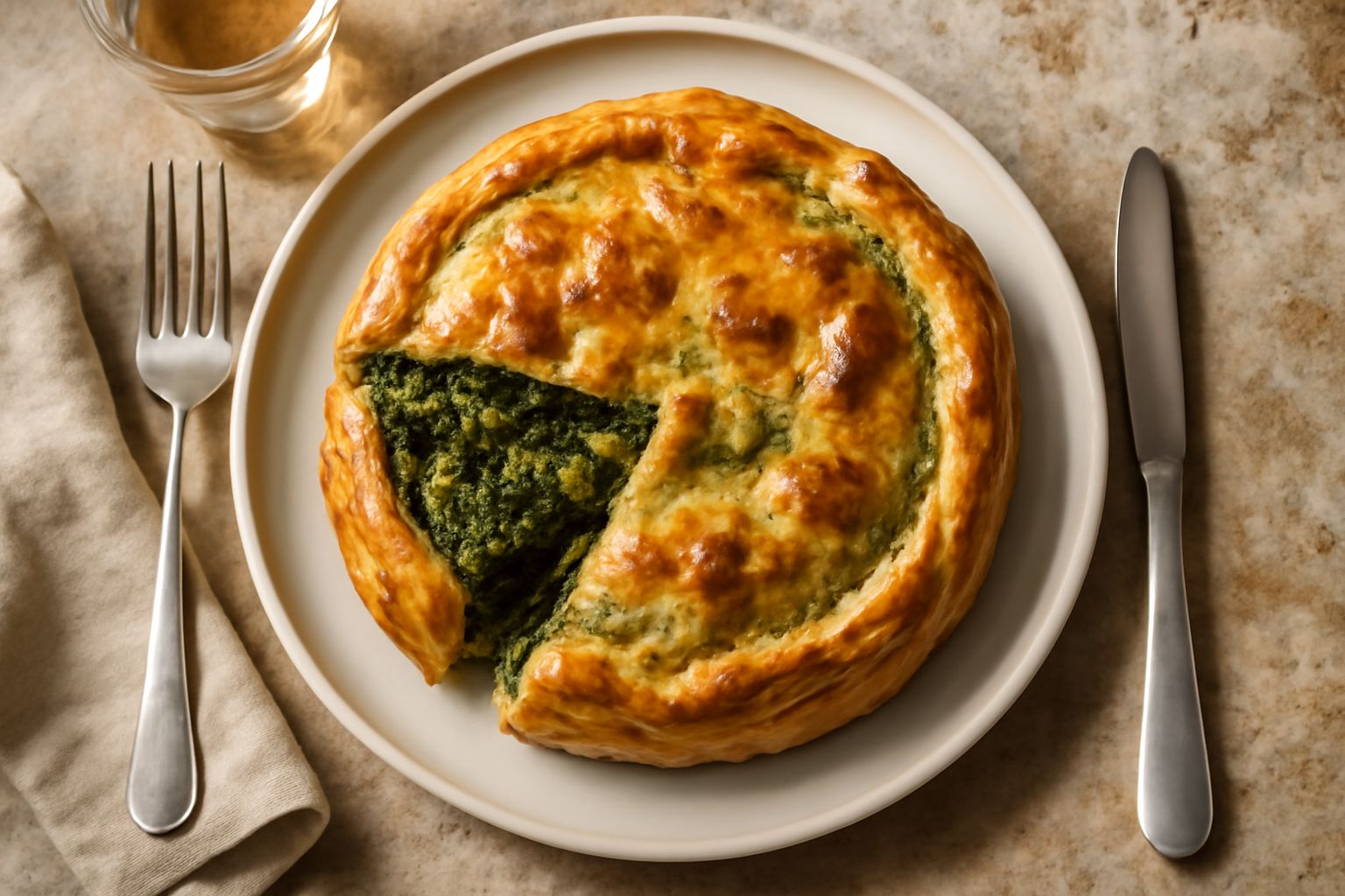 Una fetta di torta d'erbi con sfoglia dorata, ripieno verde di verdure e ricotta, servita in un piatto bianco con insalata fresca accanto