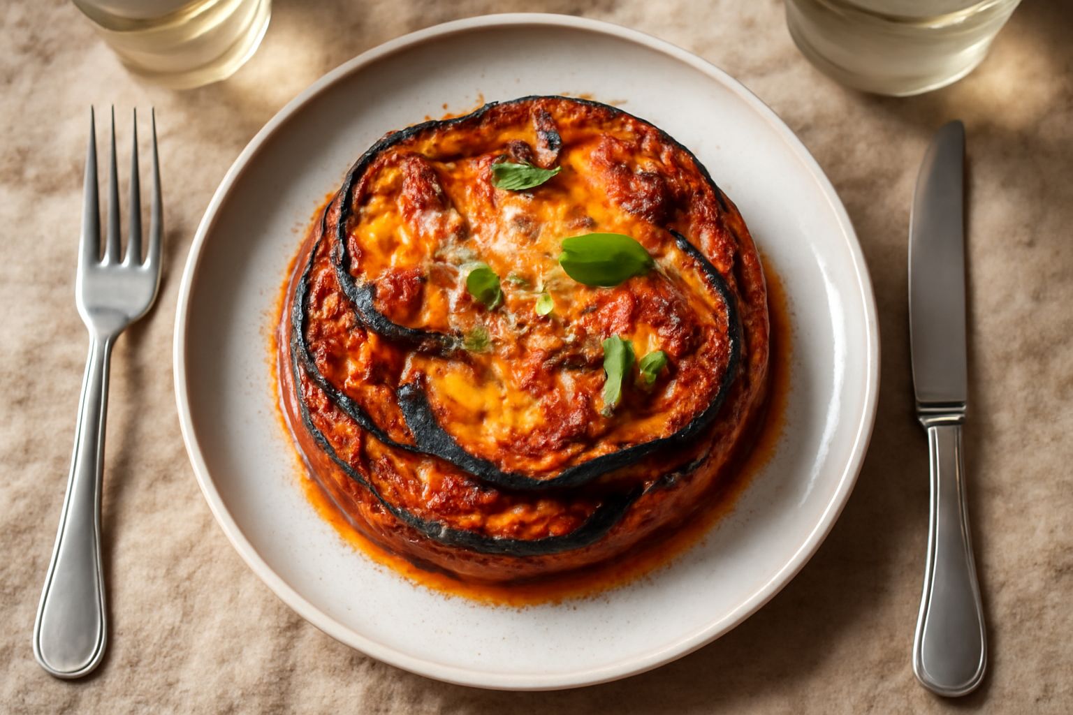Torta di melanzane tagliata in quadrotti, strati di melanzane viola grigliate alternate a formaggio fuso bianco e salsa di pomodoro rossa, bordi dorati in piatto bianco